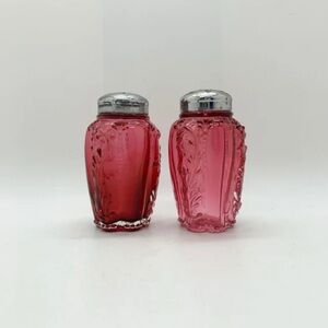 Antique Northwood, Panel and Sprig Design, Cranberry Rubina Glass S&P Shakers